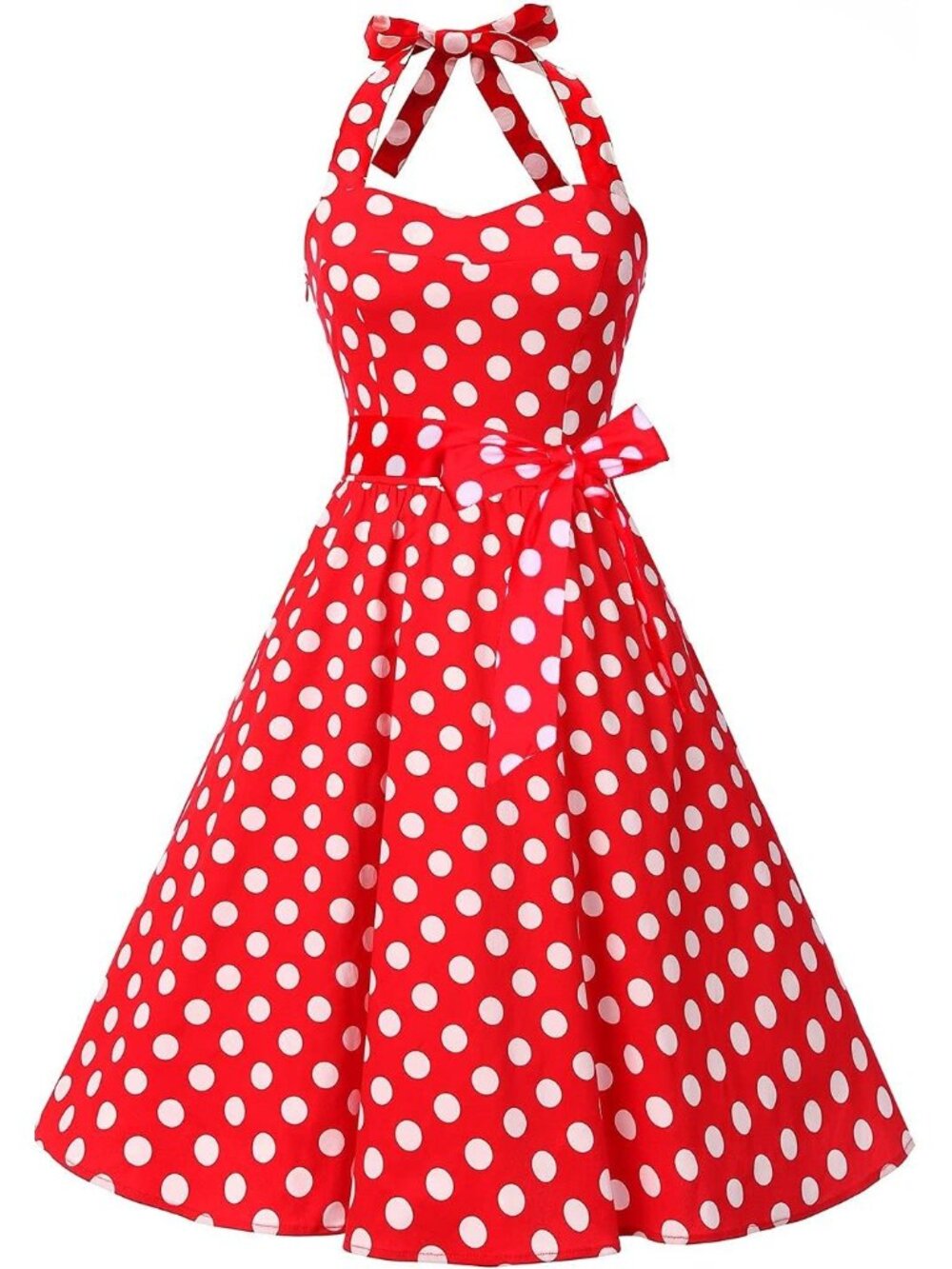 Women's Red Dot Halter Neck Vintage Polka Audrey Retro Cocktail Dress